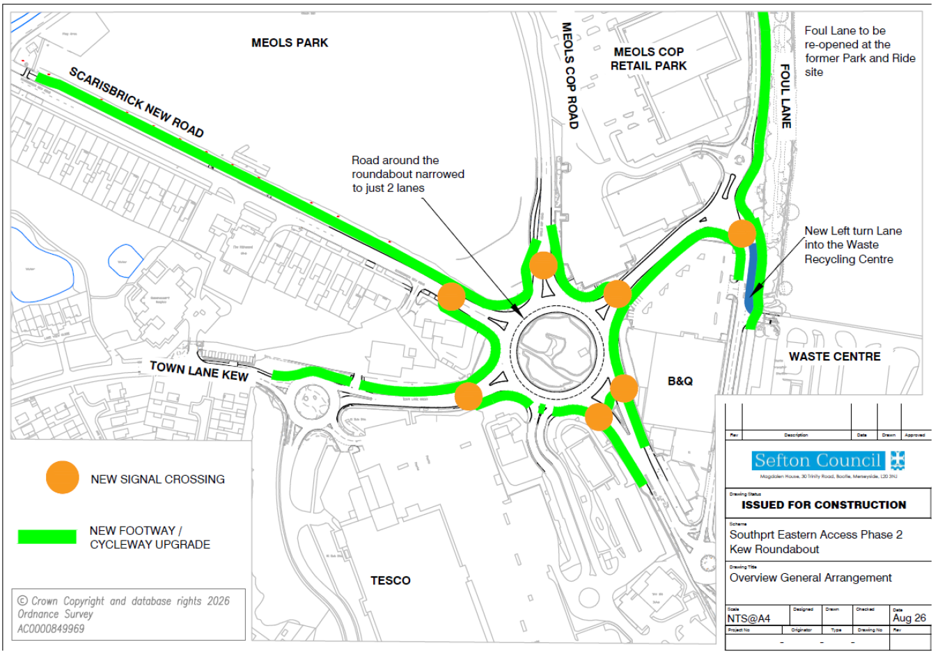 Traffic roundabout plan with new footways and crossings around central circle, green upgraded routes, orange crossing points, and surrounding roads and buildings labelled.