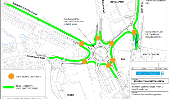 Traffic roundabout plan with new footways and crossings around central circle, green upgraded routes, orange crossing points, and surrounding roads and buildings labelled.