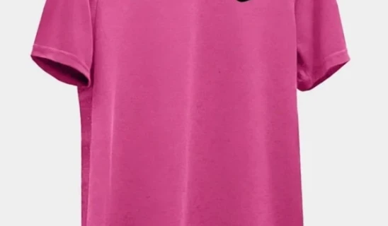 Pink Nike t-shirt hanging on a black hanger against a light background