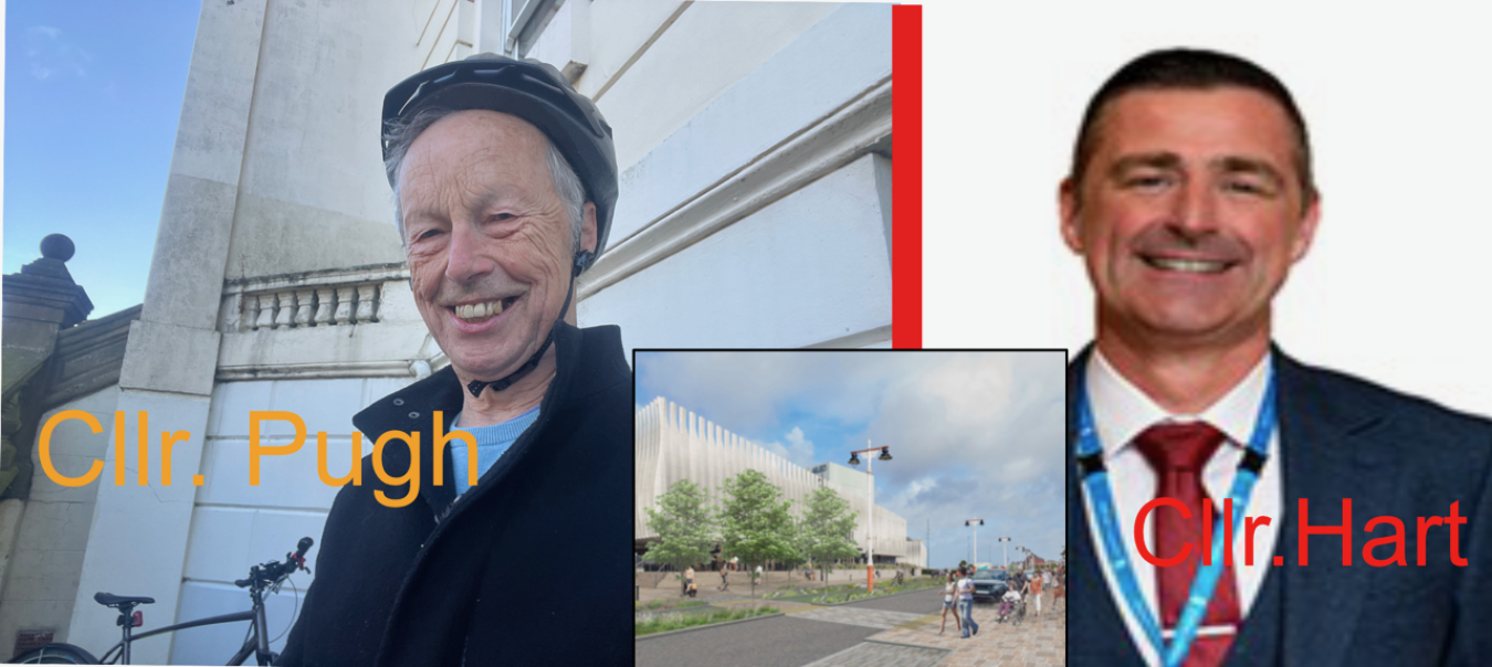 Two men in front of a building, one older wearing a helmet and smiling, another in a suit with a lanyard; overlayed text and collage elements.
