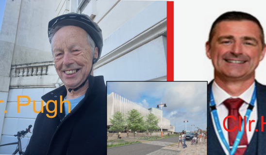 Two men in front of a building, one older wearing a helmet and smiling, another in a suit with a lanyard; overlayed text and collage elements.
