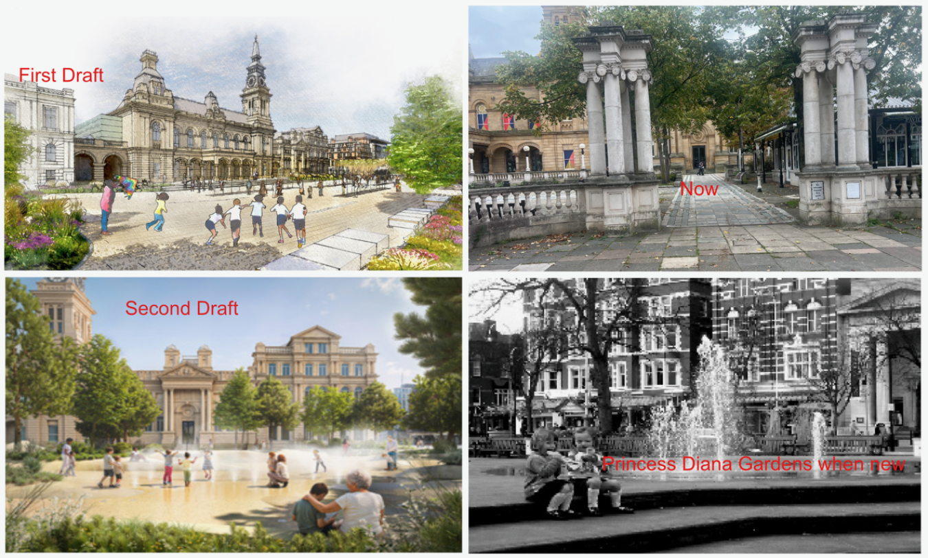 A collage showing proposed civic square redevelopment with people in a plaza, a grand building, and a fountain area.