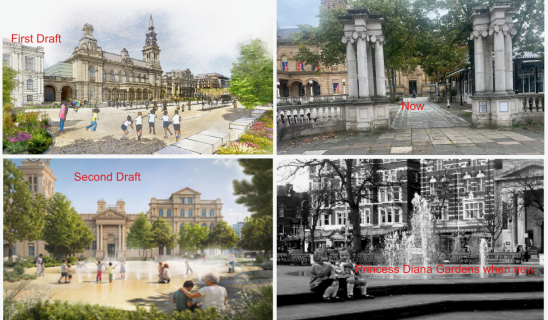 A collage showing proposed civic square redevelopment with people in a plaza, a grand building, and a fountain area.