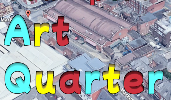 aerial view of a town centre with bold colorful text 'Southport Art Quarter' overlaying the rooftops