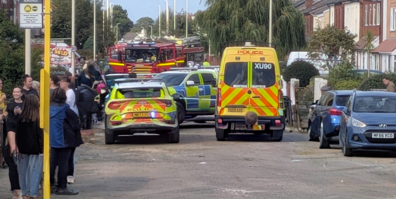Emergency vehicles including police car, ambulance, and fire engine on a residential street with onlookers