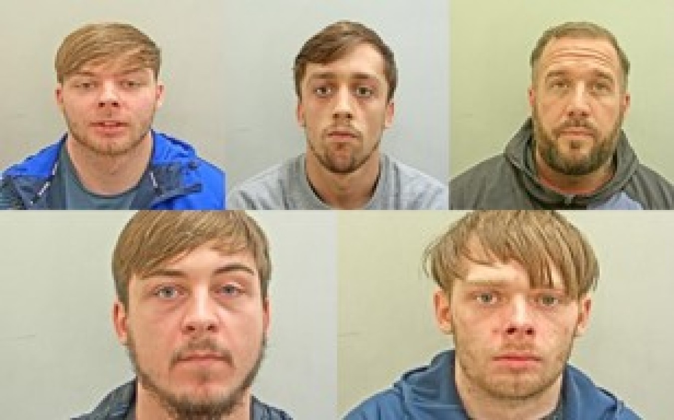 collage of five mugshots: two young men on left, one older man on right, two in bottom row