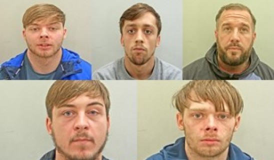 collage of five mugshots: two young men on left, one older man on right, two in bottom row