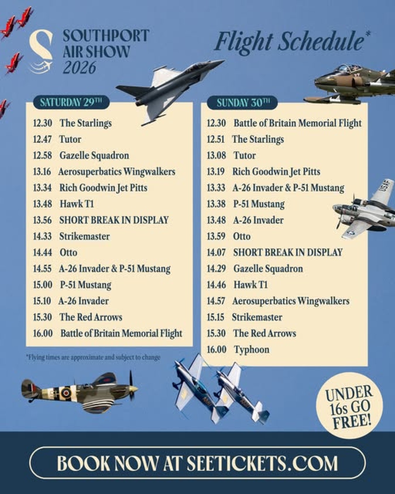 Southport Air Show 2026 flight schedule with two days and aircraft illustrations around a blue background.