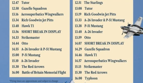 Southport Air Show 2026 flight schedule with two days and aircraft illustrations around a blue background.