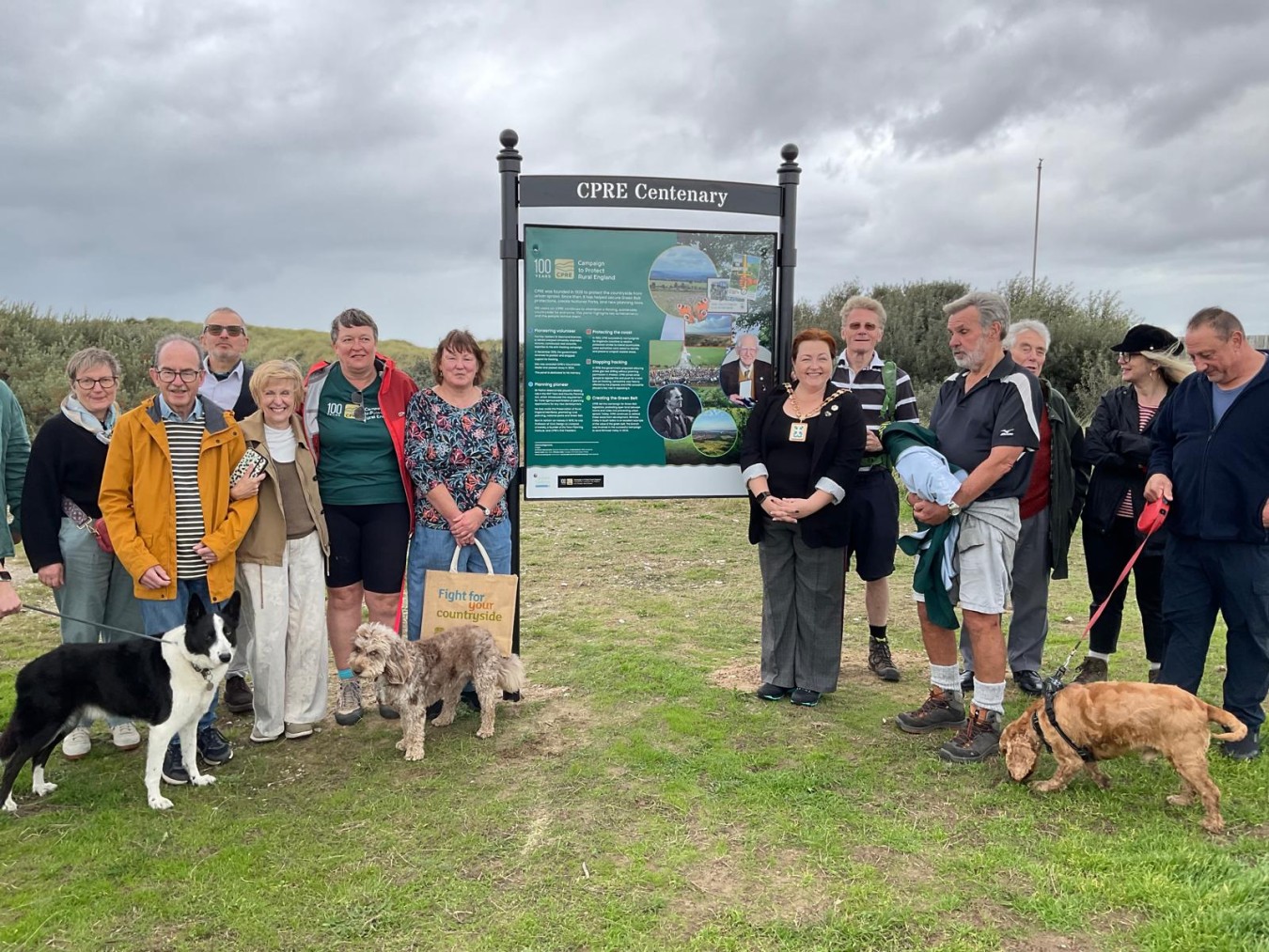 Group of people with dogs gathered beside a green information board on a grassy area under cloudy sky.