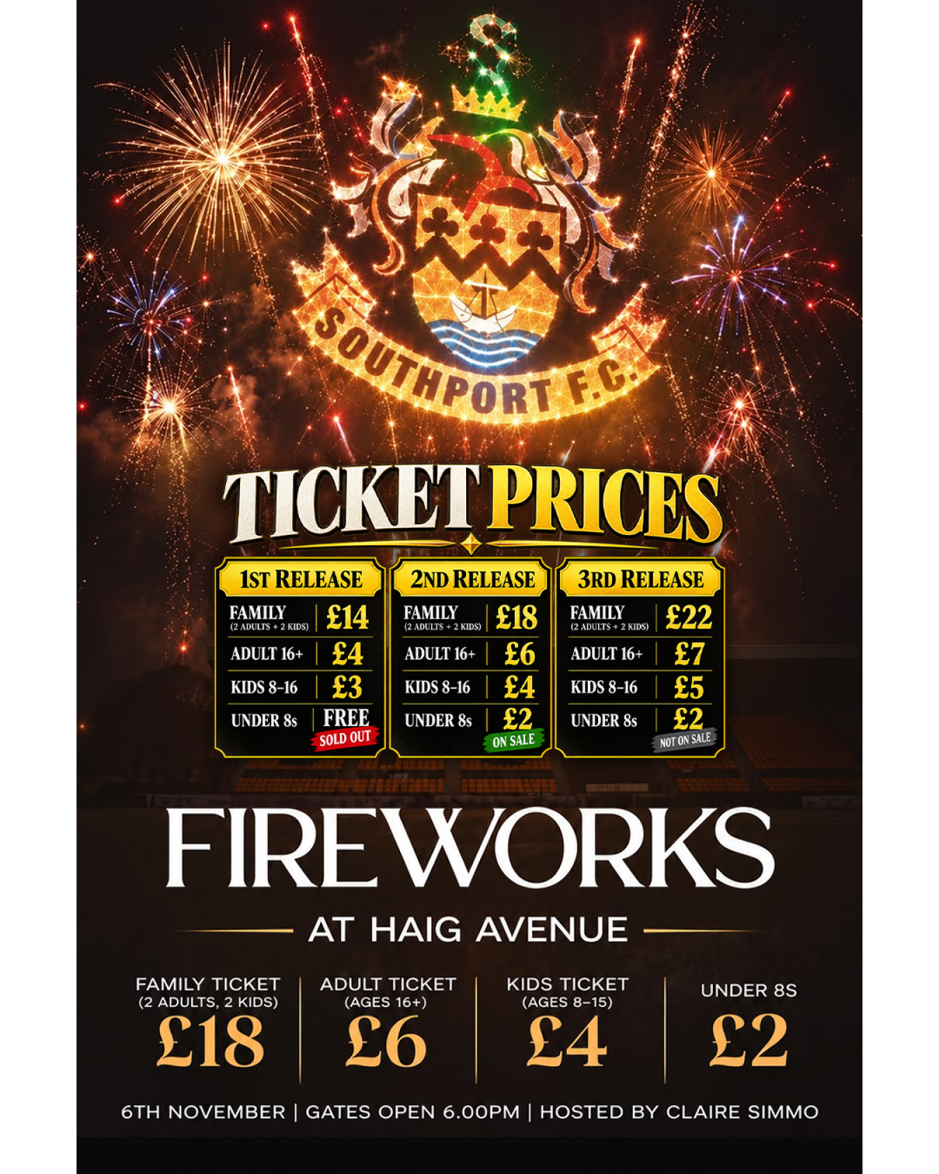 Fireworks celebration poster for Southport F.C. with ticket prices and event details.