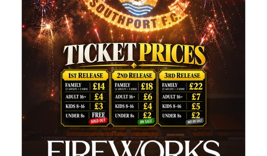 Fireworks celebration poster for Southport F.C. with ticket prices and event details.