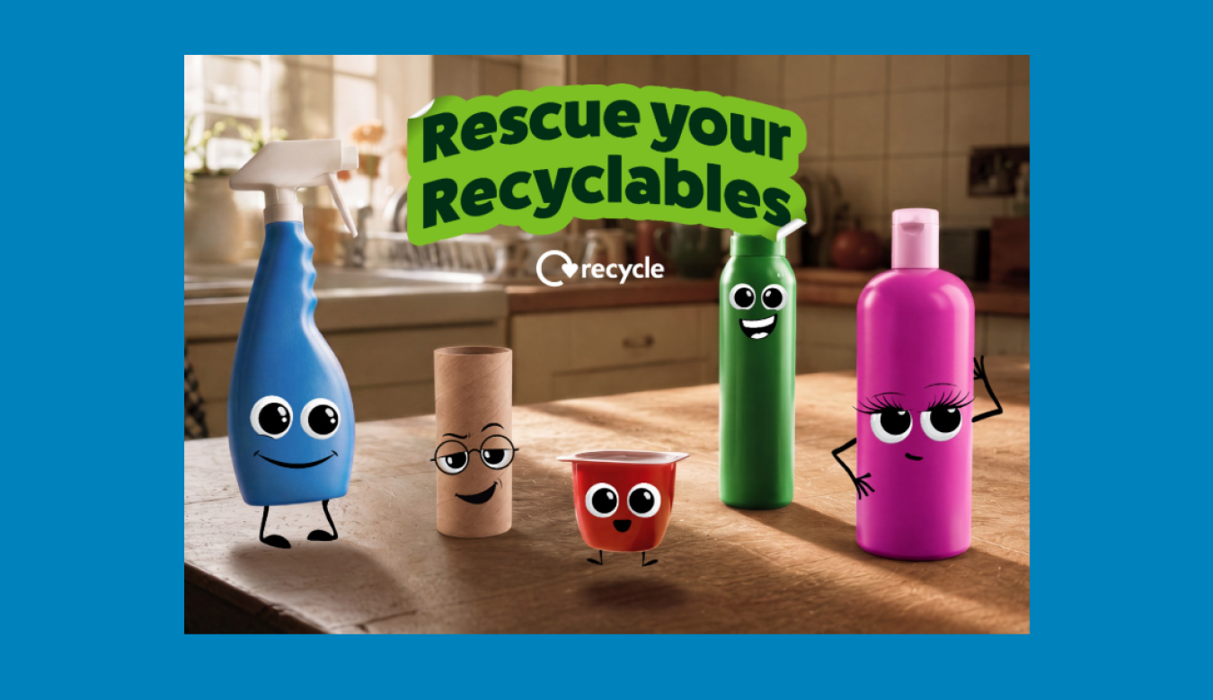 Colourful recycled bottles with cartoon faces on a kitchen bench, message 'Rescue your Recyclables' in green letters.