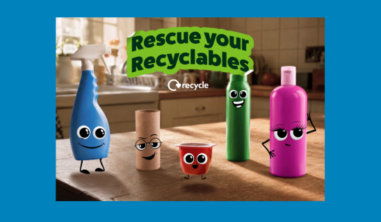 Colourful recycled bottles with cartoon faces on a kitchen bench, message 'Rescue your Recyclables' in green letters.