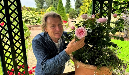 Smiling man in a blue jacket leaning to admire pink roses in a garden planter.