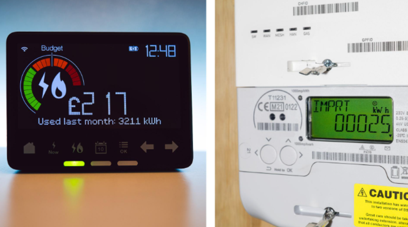Split image showing a smart energy meter display with 'Budget' and usage readout beside a green-yellow gauge, and a digital electricity meter with 'IMPORT' reading on a keypad in a different frame.