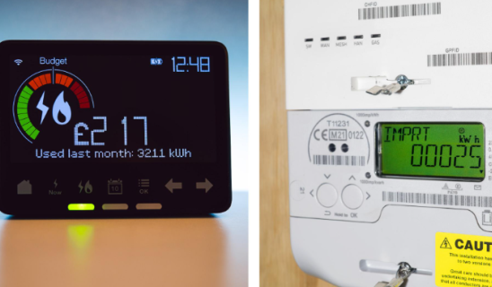 Split image showing a smart energy meter display with 'Budget' and usage readout beside a green-yellow gauge, and a digital electricity meter with 'IMPORT' reading on a keypad in a different frame.