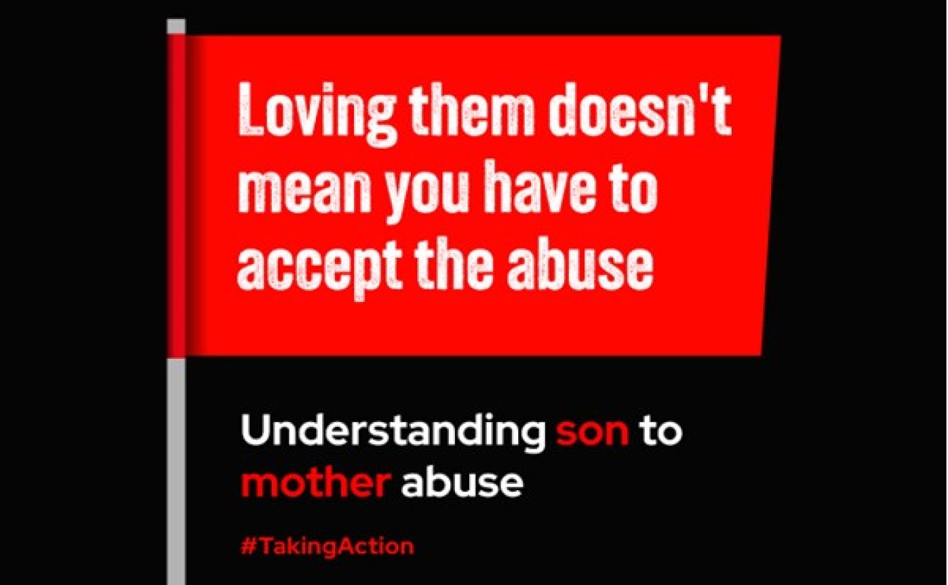 Red and black campaign banner with message about abuse, urging action and awareness.