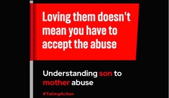 Red and black campaign banner with message about abuse, urging action and awareness.