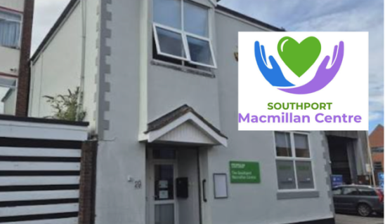 Two-storey white building with a grey roof, signboard and window, Macmillan Centre logo overlay on the right side