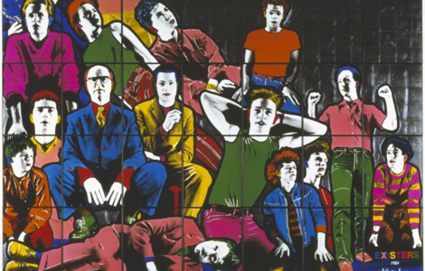 Colorful mural of numerous people in varied bright outfits seated and standing, painted in a pop-art style on a wall.