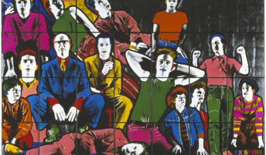 Colorful mural of numerous people in varied bright outfits seated and standing, painted in a pop-art style on a wall.