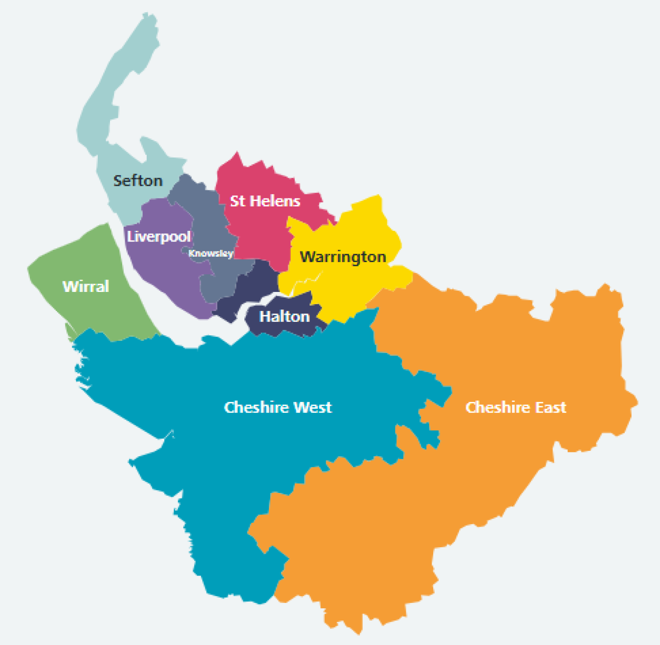Colorful map of a region with labeled areas such as Wirral, Sefton, Liverpool, Knowsley, St Helens, Warrington, Halton, Cheshire West, Cheshire East.