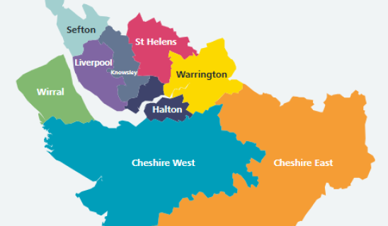 Colorful map of a region with labeled areas such as Wirral, Sefton, Liverpool, Knowsley, St Helens, Warrington, Halton, Cheshire West, Cheshire East.