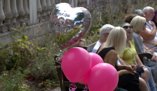 Group of people seated outdoors with pink balloons and a heart-shaped foil balloon