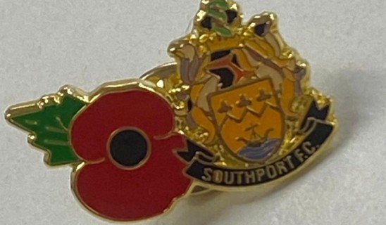 Southport FC crest pin with red poppy motif overlapping the shield