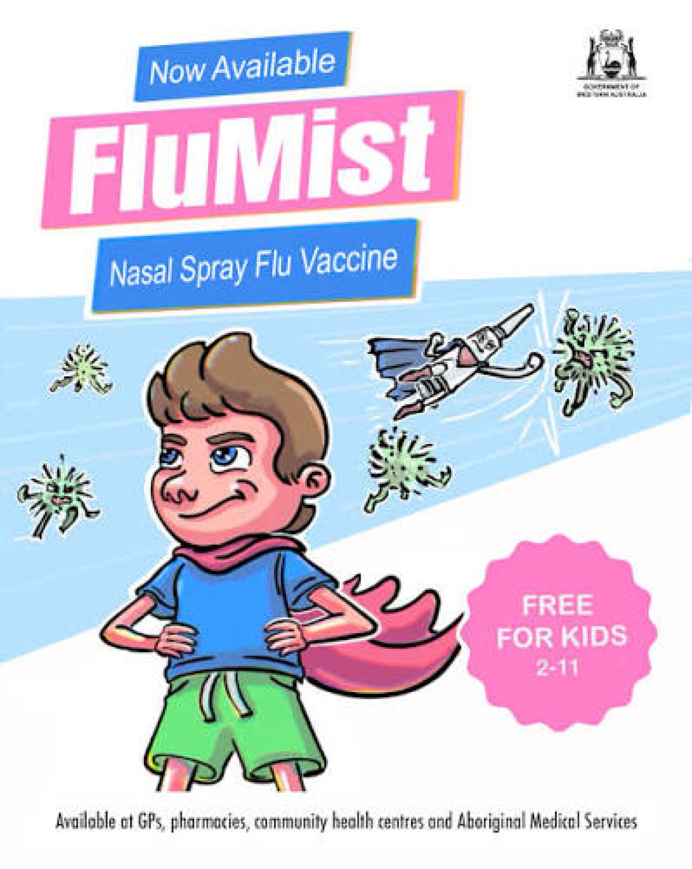 Cartoon boy in cape promotion for FluMist nasal spray flu vaccine, with small virus icons and a superhero in flight.