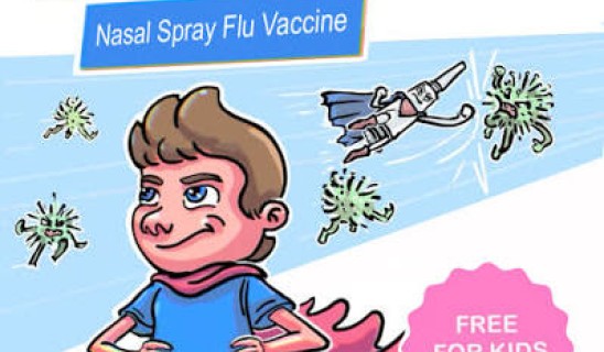 Cartoon boy in cape promotion for FluMist nasal spray flu vaccine, with small virus icons and a superhero in flight.