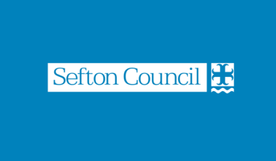 Sefton Council logo on blue background, white text with emblem