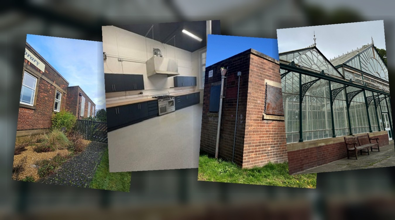 A collage of five buildings: brick exterior, kitchen, brick block, greenhouse and a bench outside.