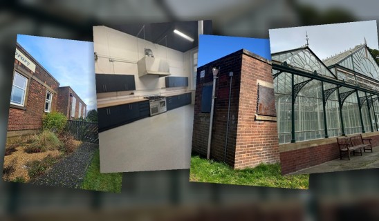 A collage of five buildings: brick exterior, kitchen, brick block, greenhouse and a bench outside.