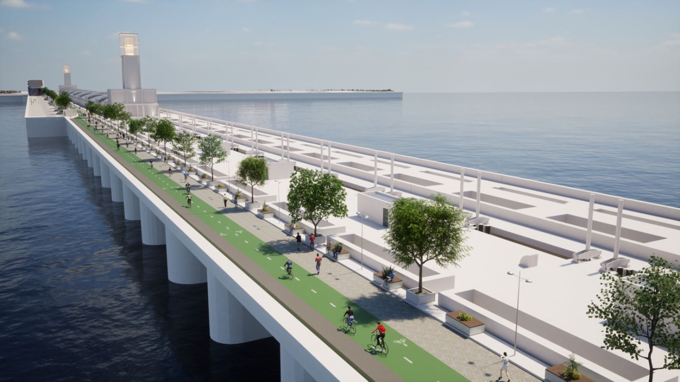 Rendering of a long coastal pier with a green cycle path, trees, benches, and pedestrians along the promenade.
