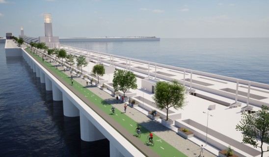 Rendering of a long coastal pier with a green cycle path, trees, benches, and pedestrians along the promenade.