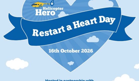Heart-shaped graphic with blue ribbon text 'Restart a Heart Day' and date 16th October 2026, helicopter hero logo, clouds, and partner logos at bottom.