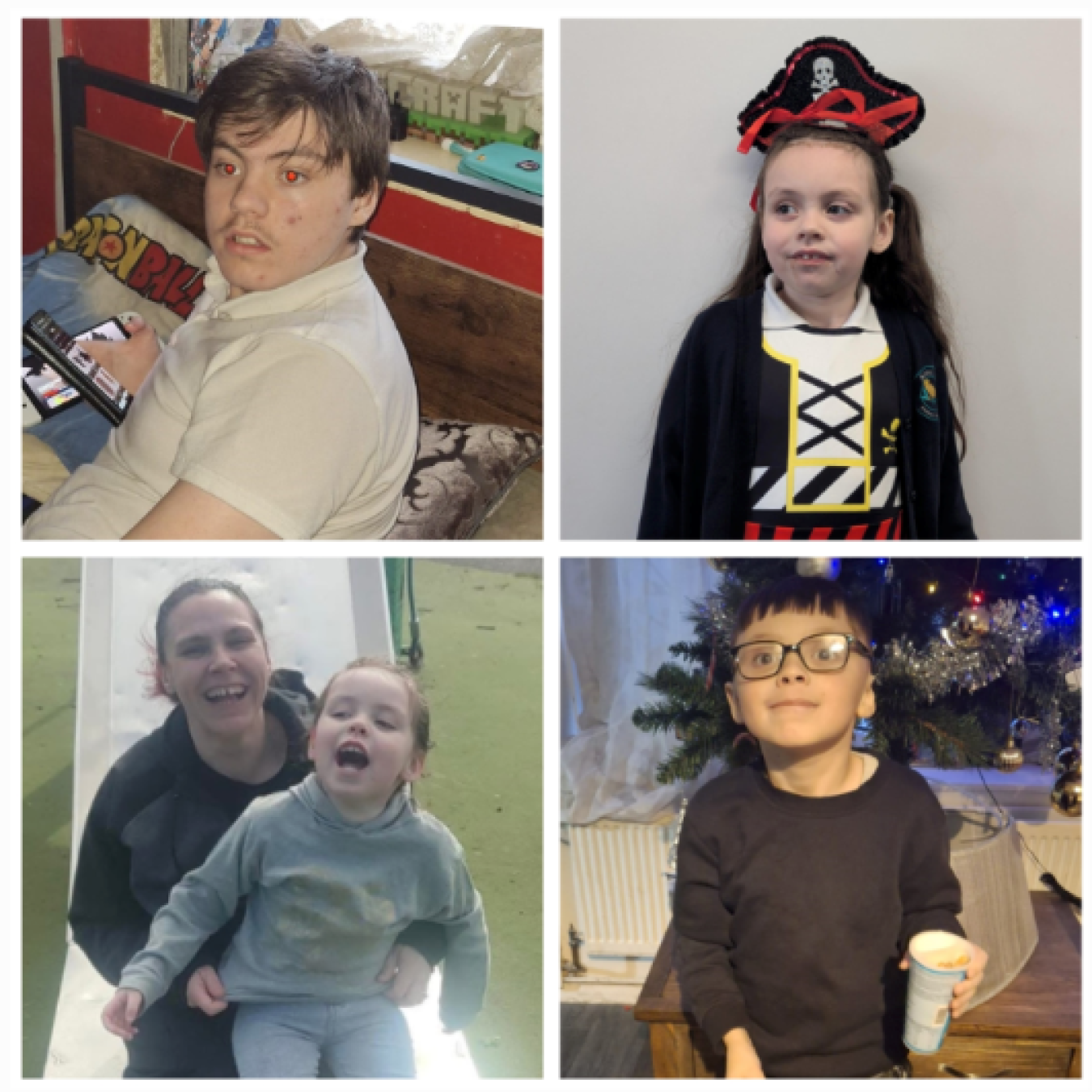 Collage of four people: man on left relaxing, girl in pirate costume top-right, woman and child laughing on a slide bottom-left, boy with glasses by a Christmas tree bottom-right.
