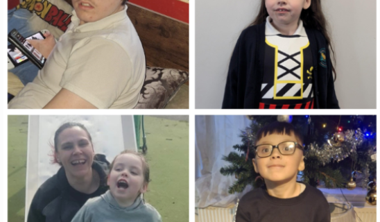 Collage of four people: man on left relaxing, girl in pirate costume top-right, woman and child laughing on a slide bottom-left, boy with glasses by a Christmas tree bottom-right.