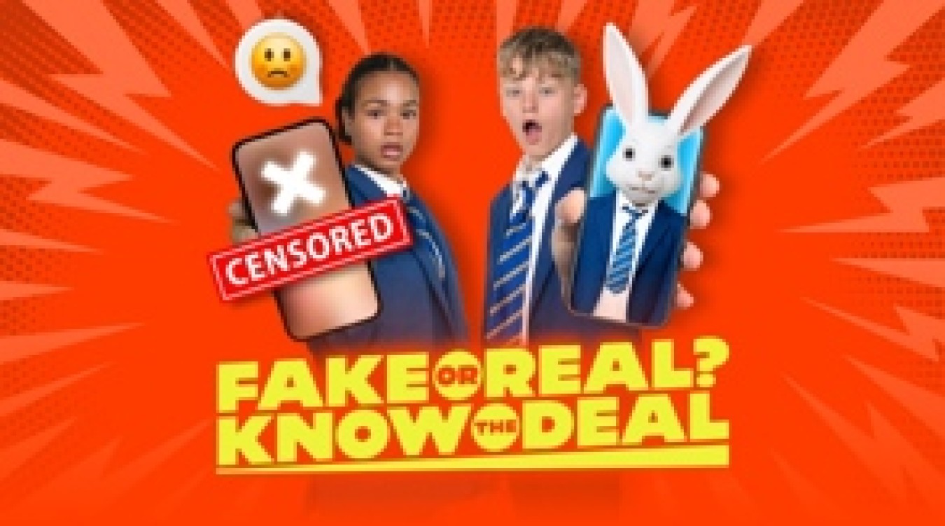 Bright orange promotional image with surprised children and a rabbit, featuring 'Fake or Real? Know the Deal' text.