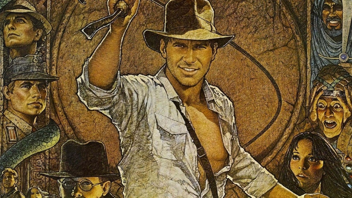 Adventurous man in hat smiling, surrounded by explorers and jungle scene.