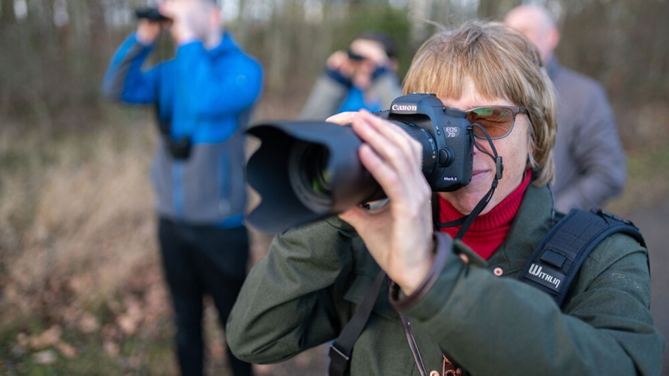 Photographer aiming a Canon camera with lens hood in a woodland setting
