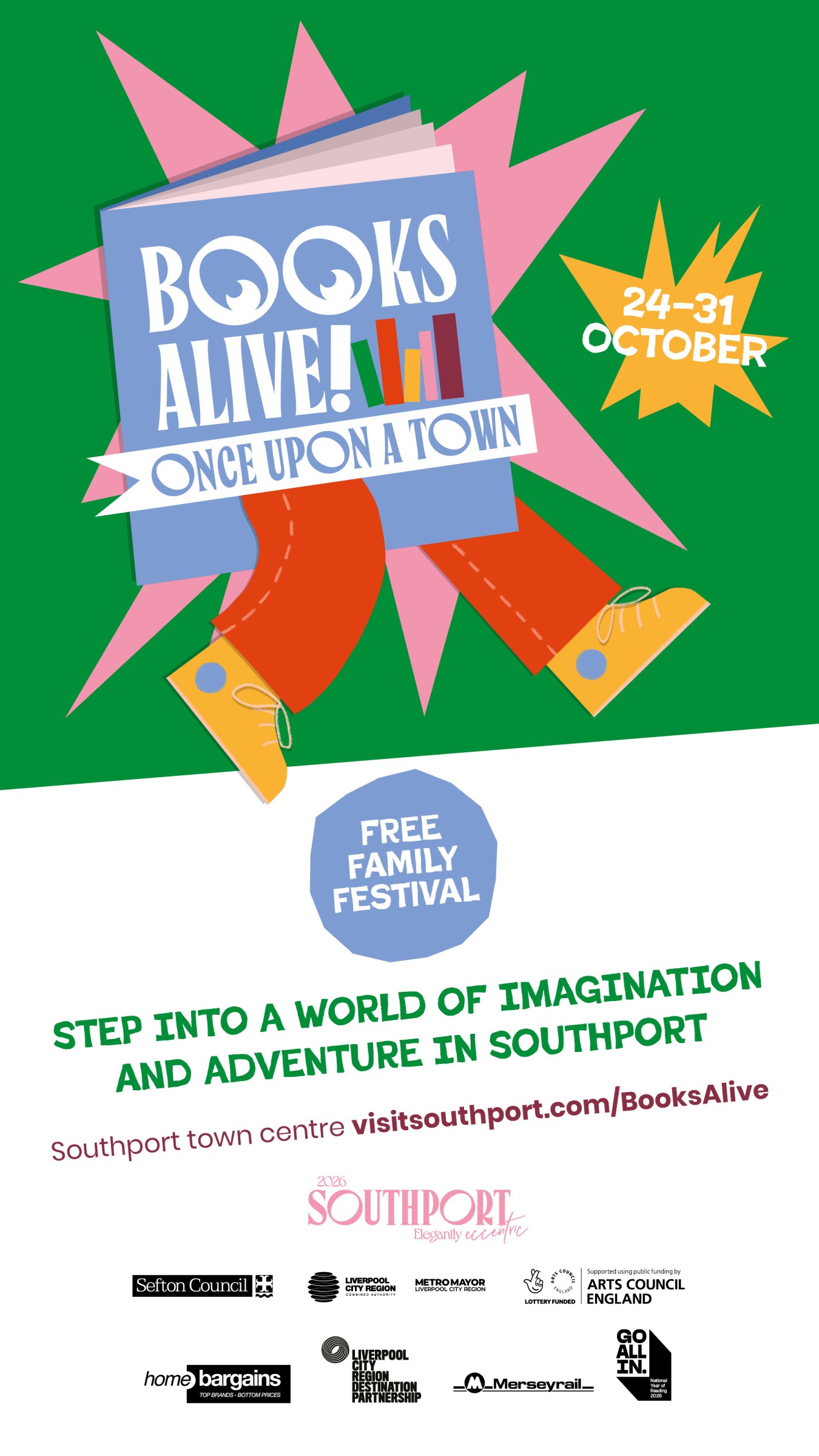 Bright promotional poster with books and sneakers, green background, starbursts, and event details.