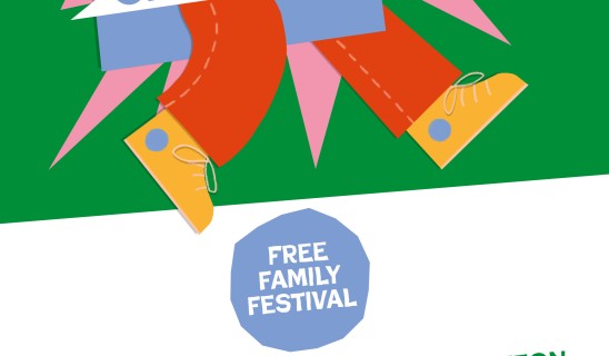 Bright promotional poster with books and sneakers, green background, starbursts, and event details.