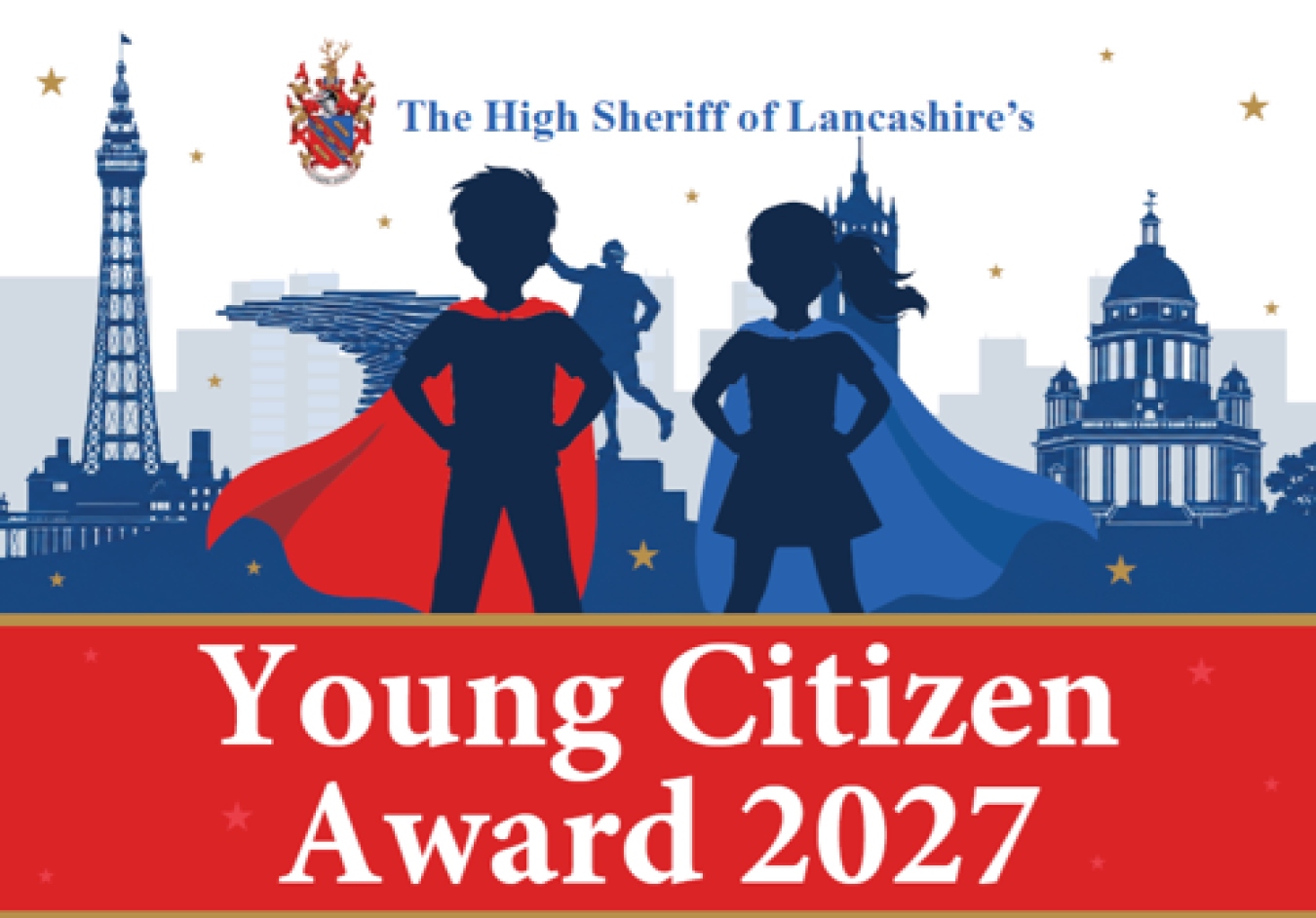 Young Citizens Award 2027 poster with silhouettes of two youths and a cityscape including landmarks.