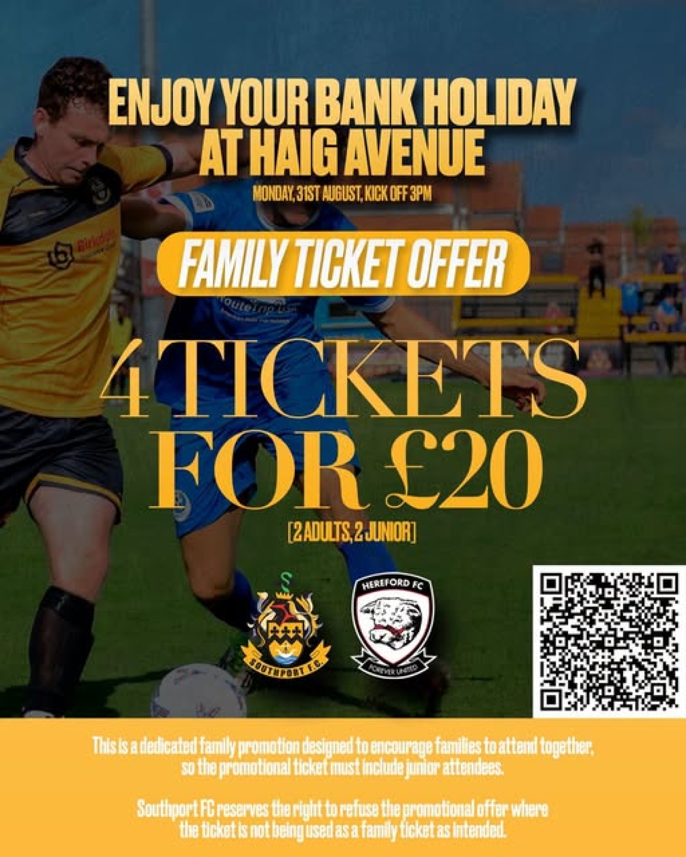 Promotional poster advertising football family ticket offer, players in action on a grassy field with bold text and QR code.