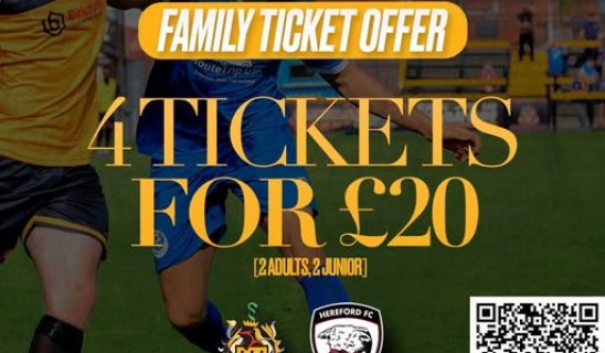 Promotional poster advertising football family ticket offer, players in action on a grassy field with bold text and QR code.