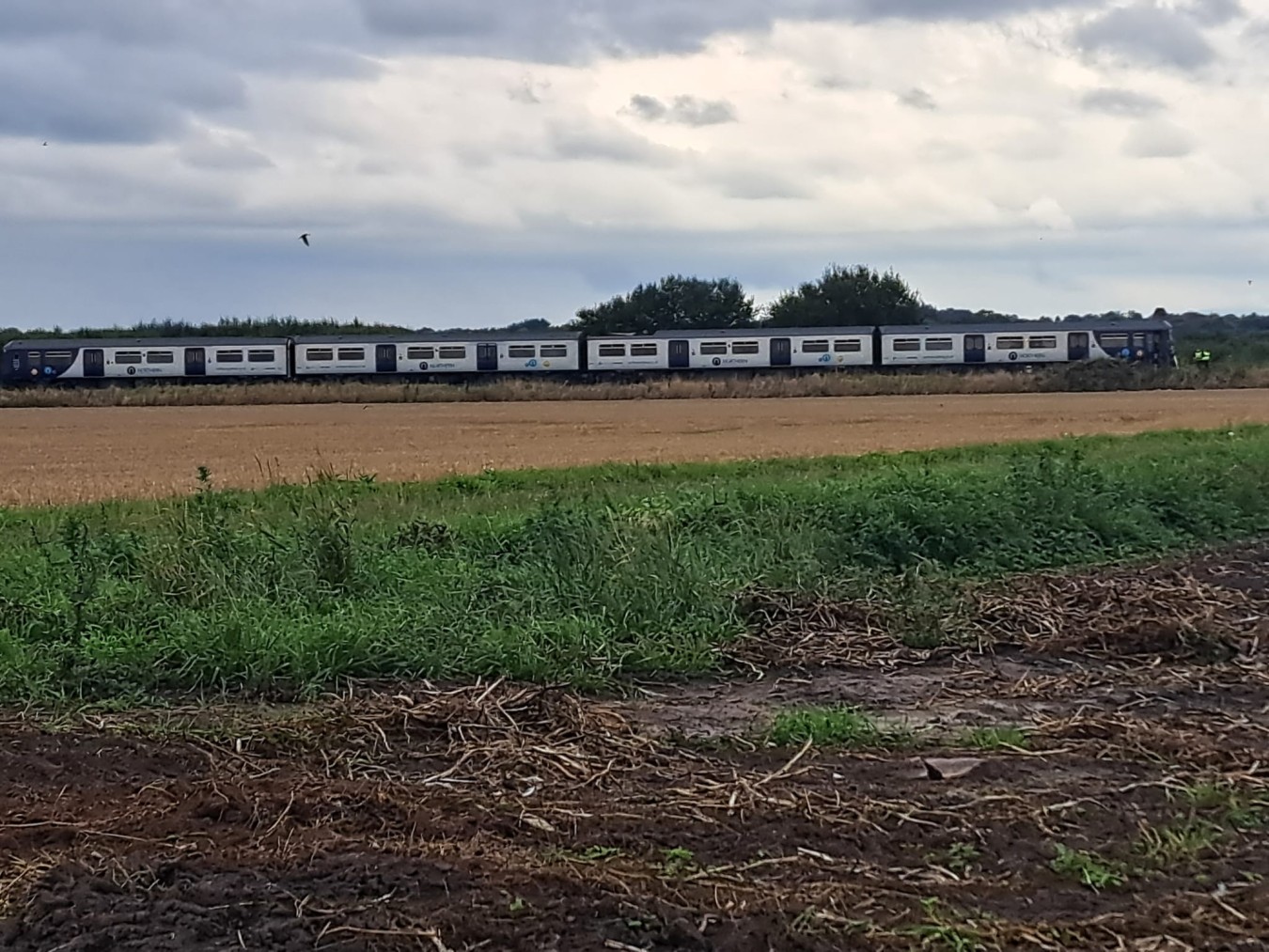 Passenger train on a rural track with fields and cloudy sky