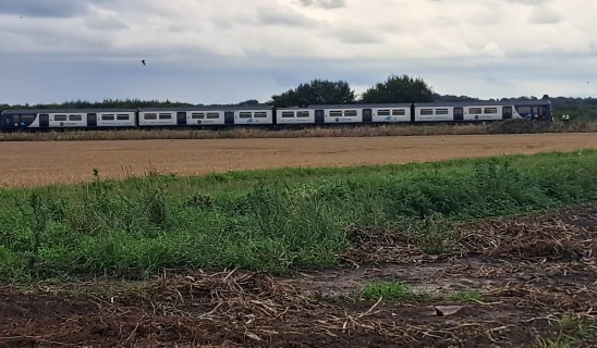 Passenger train on a rural track with fields and cloudy sky